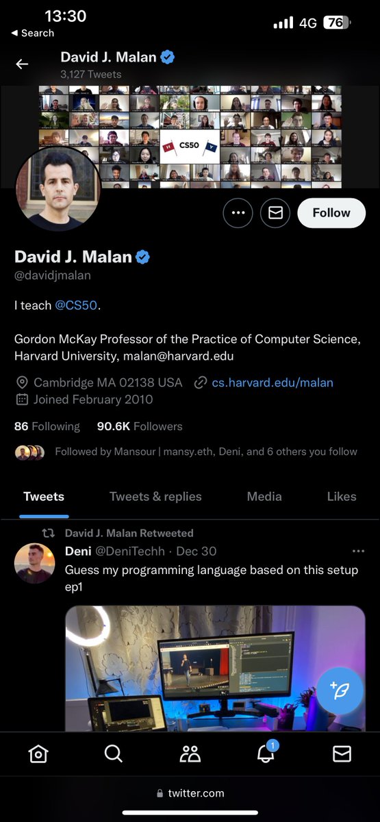 David J. Malan CS50 Harvard retweeting Deni
